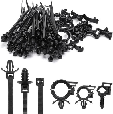 75pcs Push Mount Cable Zip Tie with Car Wire Loom Routing Clips 75pcs, Black 