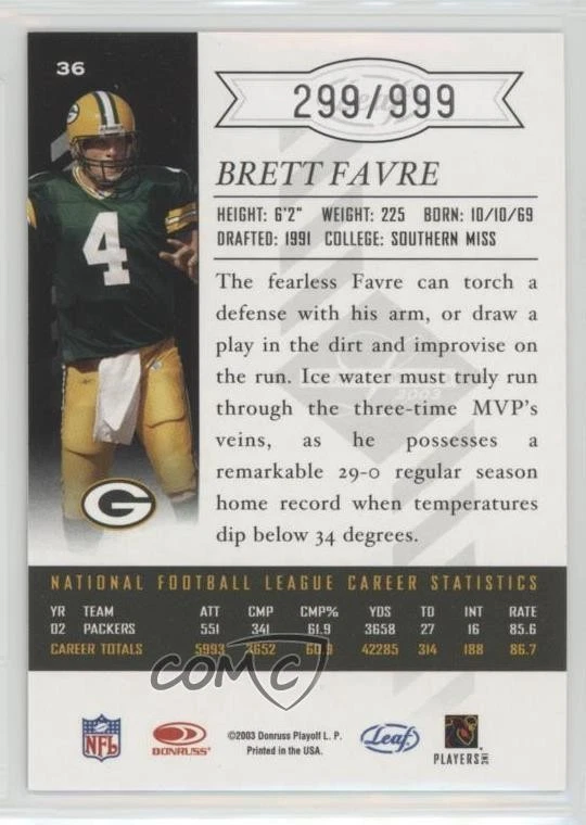 2003 Leaf Limited /999 Brett Favre #36 HOF - Image 2 of 2