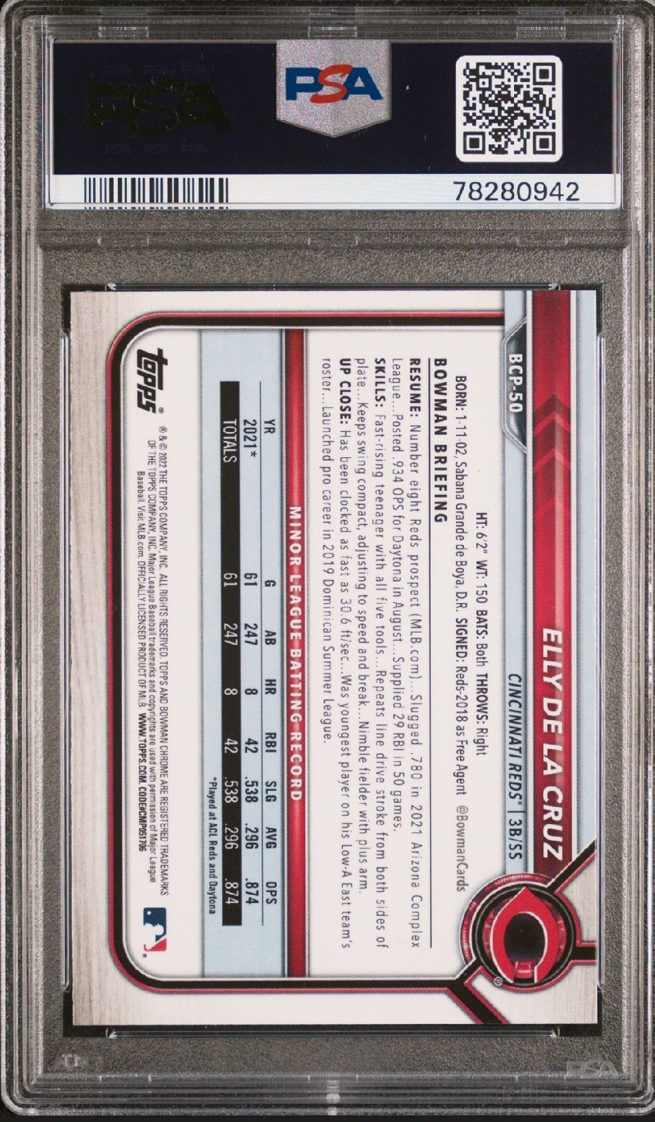 2022 Bowman Chrome Elly De LA Cruz #BCP-50 Reds PSA 10 GEM MINT view 2