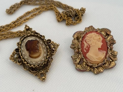 2 VINTAGE cameos brooch & brooch/pendant w/chain heavy Costume jewelry