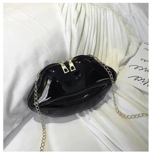 Lips Shaped Clutch Bag Women Black Patent Leather Crossbody Purse Gold Chain