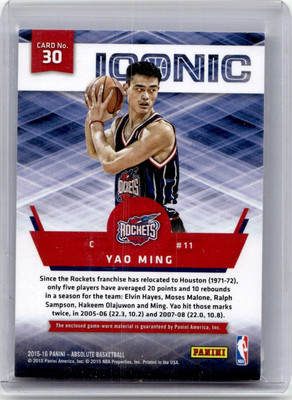 2015-16 Panini Absolute Iconic Materials Yao Ming /99 Houston