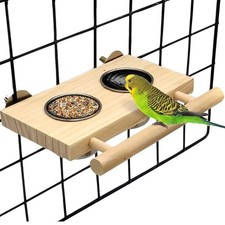 Bird Feeding Dish Cups with Wooden Platform Hanging Stainless Steel Parrot Ca...