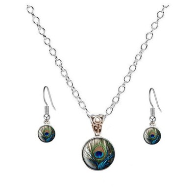 Pfauenfeder Schmuckset - Halskette & Ohrringe - blau grün Anhänger - Boho