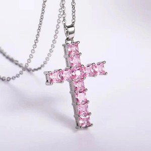 Authentic 3.30 Ct Princess Cut Simulated Pink Sapphire Cross Pendant 14K White Gold Plated