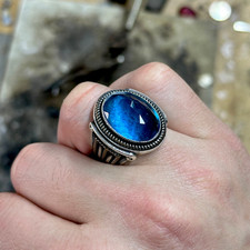 925 Sterling Silver Aquamarine Oval Ring, Handmade Men's Ottoman Style Jewelry