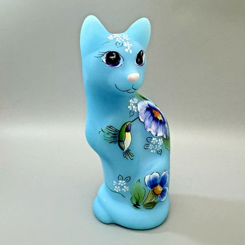 FENTON Glass Stylized Cat Satin Blue PAINTED HUMMINGBIRD Signed KIM BARLEY 8/9