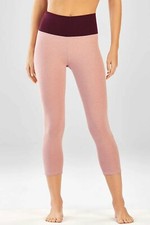 NWT - FABLETICS Women's 'POWERHEATHERED' Pink/Red HIGH-WAISTED CROP LEGGING - S
