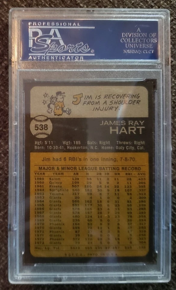 1973 Topps #538 Jim Hart San Francisco Giants Original Baseball Card PSA 9 Mint - Image 2 of 2