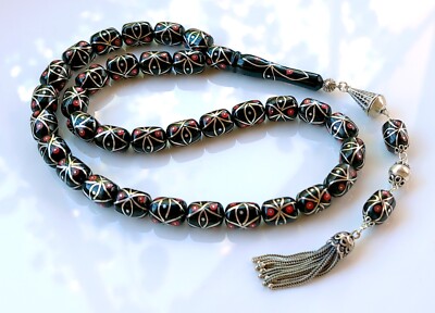Original Erzurum Oltu,  Red Coral and 1000K Silver Inlay Prayer Beads misbaha
