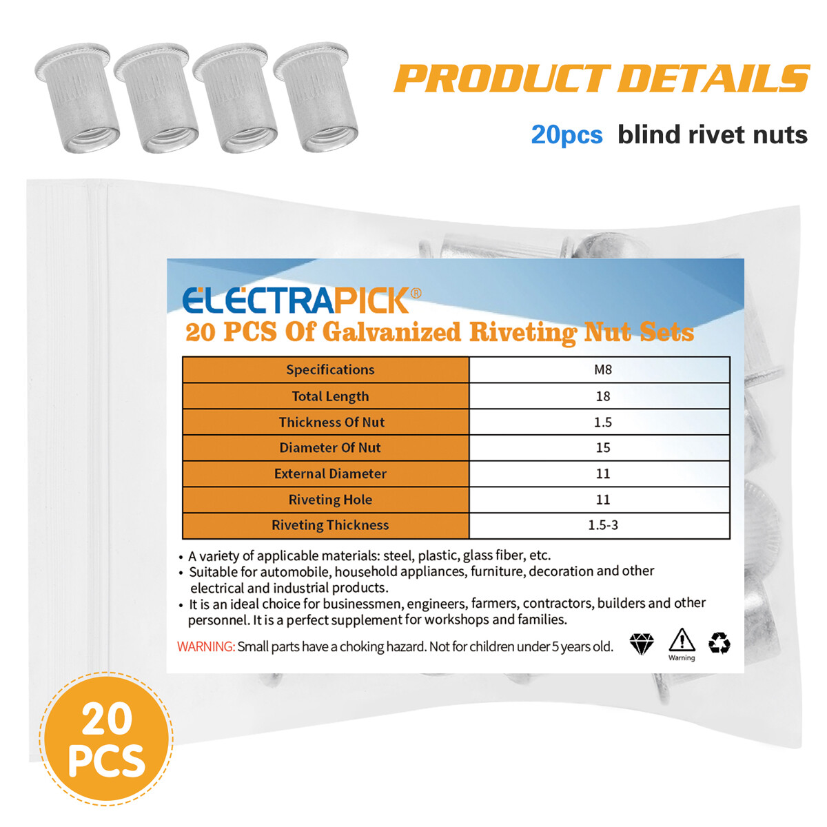 20Pcs Aluminum Flat Head Flange Nutserts Threaded Rivet Nut Rivnut Nutsert M8