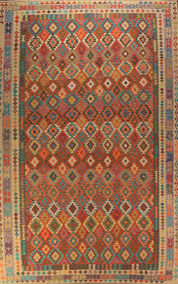 Geometric Reversible Kelim Kilim Large Rug Flatweave Tribal Wool Carpet 10x16 ft
