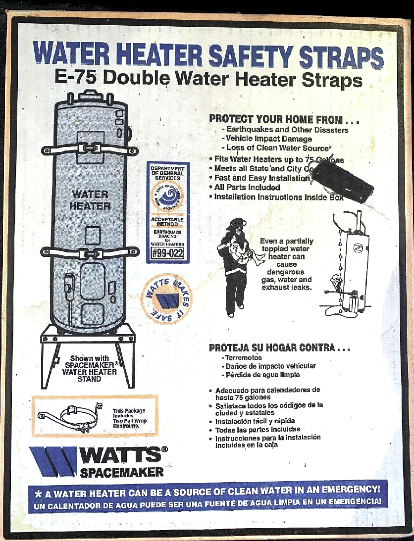 Double Hot Water Heater Safety Straps, Watts Spacemaker E75, 75 Gallon