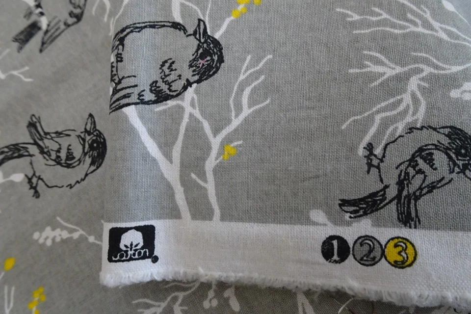 Keepsake Calico Cotton Fabric 29" x 44"w Gray Birds on White Branches w Yellow - Image 3 of 4
