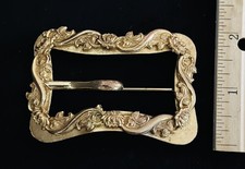 Large Antique Victorian Goldtone Sash Buckle Brooch Raised Floral Pattern