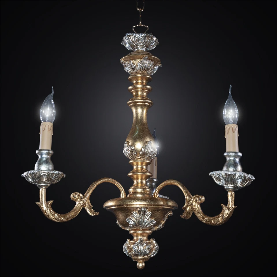 Lampadario legno artistico classico 3 luci FOGLIA ORO e ARGENTO MODELLO AGATA - Immagine 2 di 3