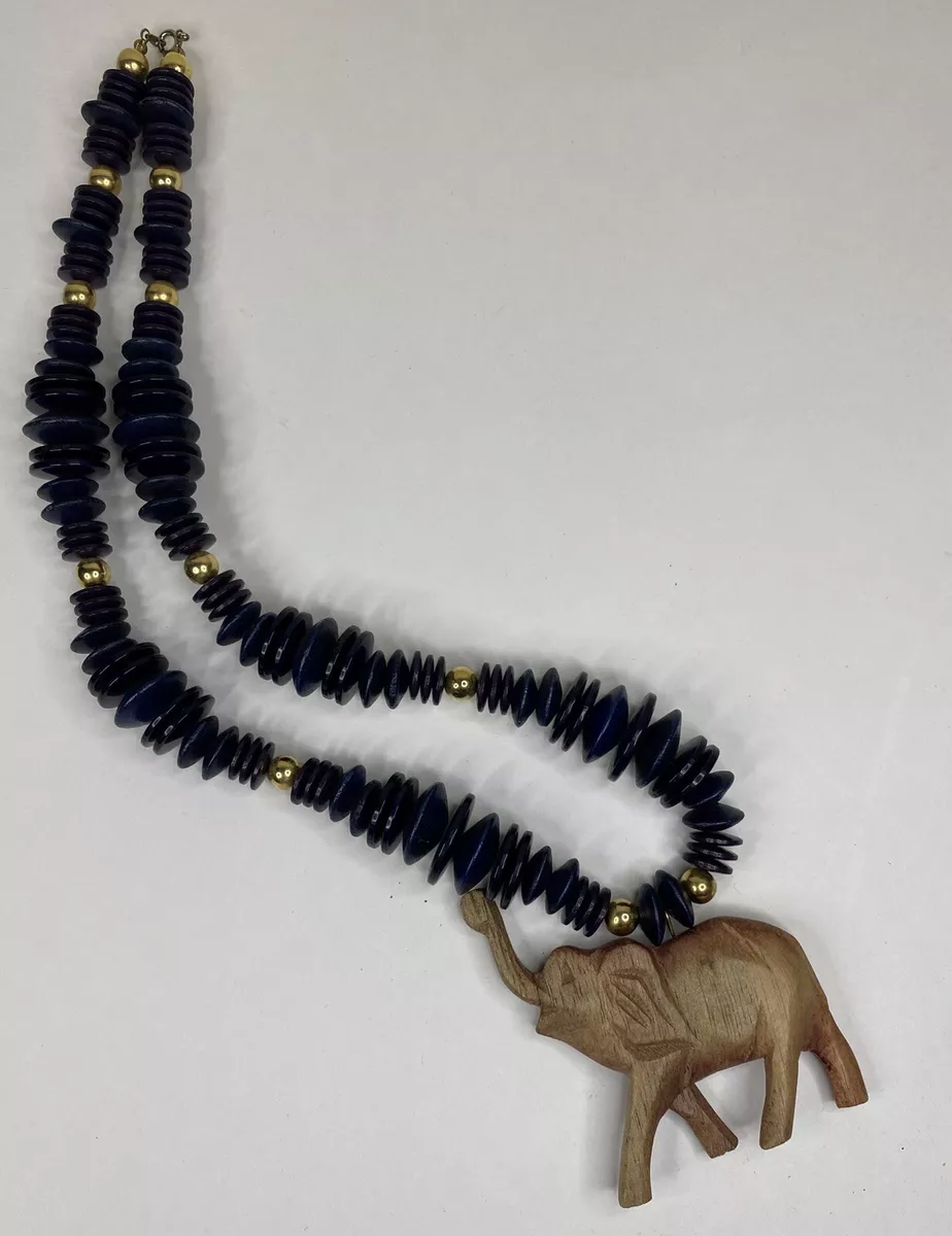 Carved Wooden Elephant Necklace with Black Golden Beads eBay