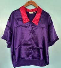Victoria Secret Vtg Gold Label Satin Pajama Top Colorblock Purple Pink M Silky