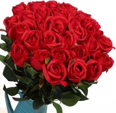 10 Pcs Flores Artificiales Rosas De Seda Ramo De Nupcial Falso Tallo Recto Rojo