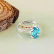 Natural Blue Topaz Gemstone With 18K White Gold Plated Silver Women's Ring 1299