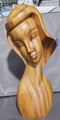 Vintage 60s Mid Century Modern Carved Teak Wood Sculpture Female Lady Woman Bust