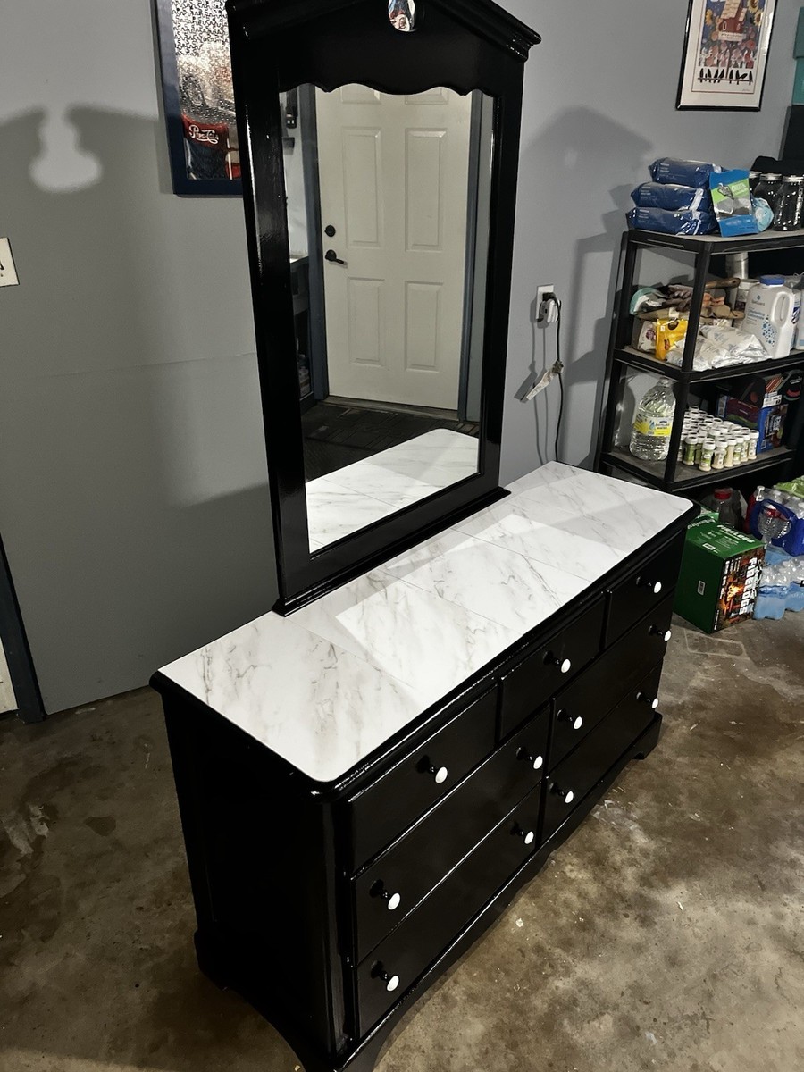 Black Wood Dresser with Marble-Style Top, Mirror, 7 Drawers | eBay