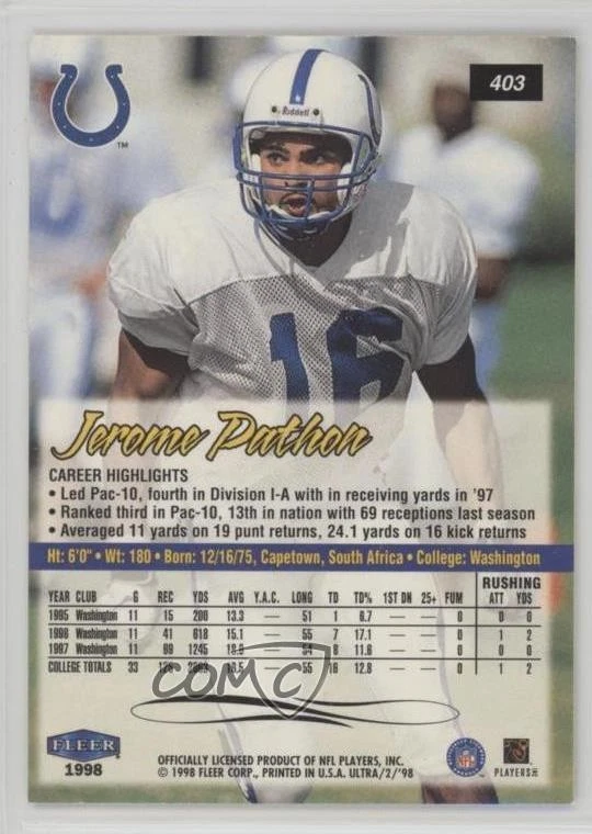 1998 Ultra Rookie Jerome Pathon #403 Rookie RC - Image 2 of 2