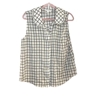Treasure & Bond Ivory Checkered Button-up Sleeveless Blouse Peter Pan Collar M