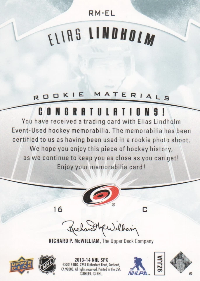2013-14 SPx Rookie Materials #RMEL Elias Lindholm Jersey Card - Image 2 of 2
