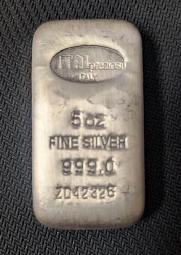 5 troy oz Italpreziosi Italian .999 Fine Silver Poured Bar with Serial#