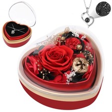 Casaido Preserved Real Rose with I Love You Necklace in Heart Shaped Box, Red