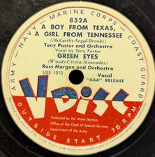 V-Disc #852 Tony Pastor - Russ Morgan - Buddy Clark - Chris Griffin 78rpm 1944 E