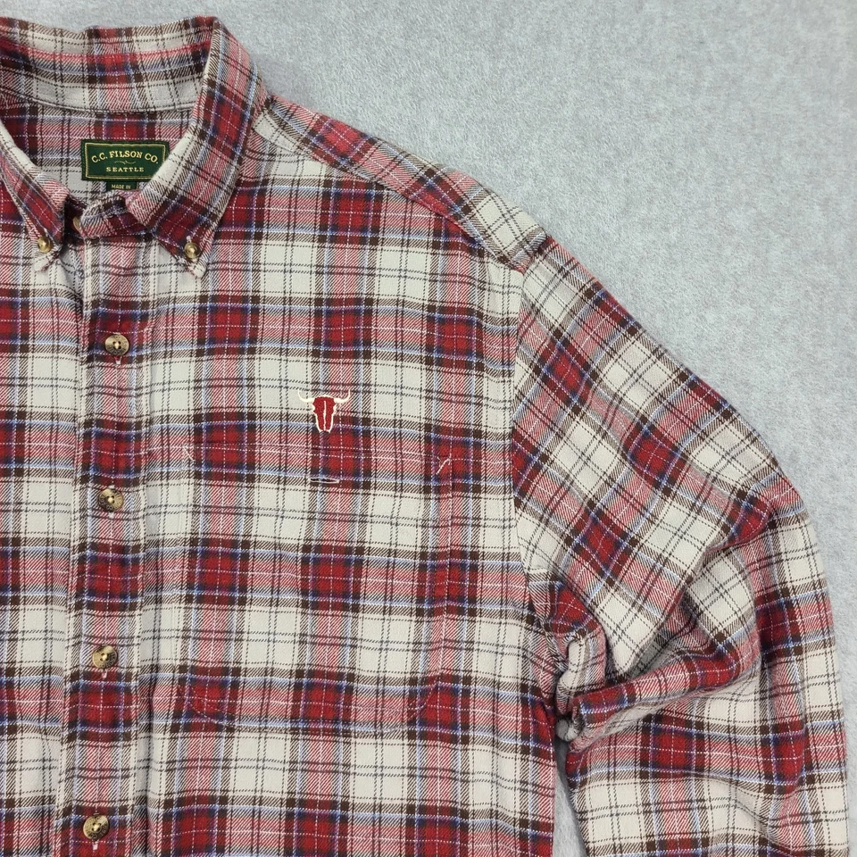 CC Filson Button Flannel Shirt Mens Small Red Plaid LS Bull Embroidery Outdoor - Image 4 of 4