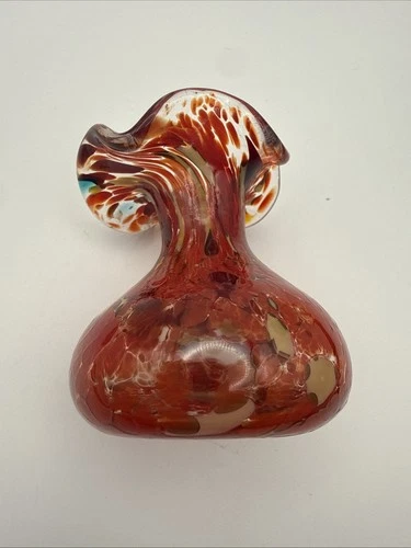 Murano glass vase featuring a red base with gold multi-colored millefiori accent