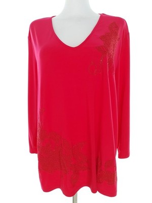 JULIPA Damen Bluse Gr. 50 Rot Langer Ärmel Perlen Einfarbig Runder Ausschnitt