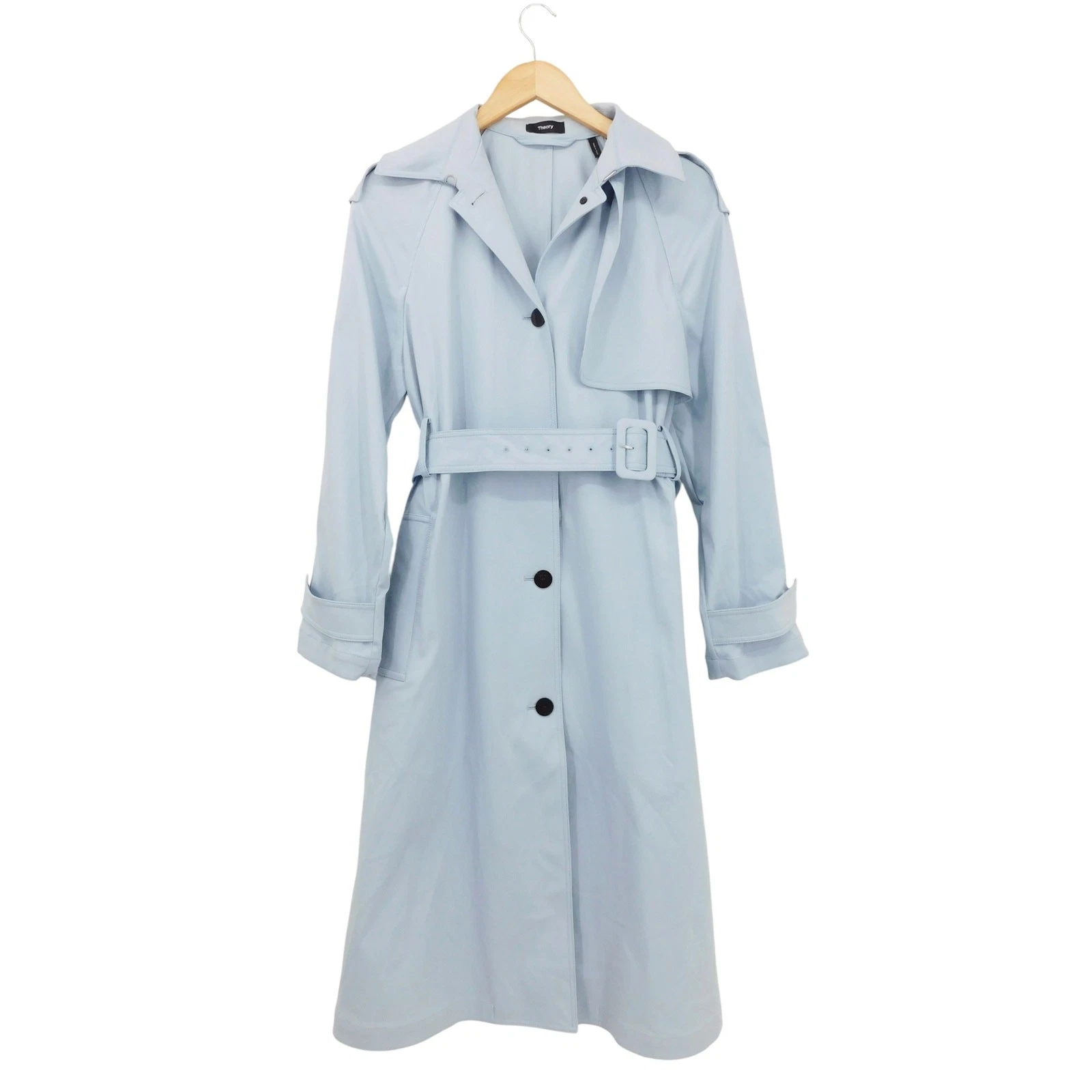 VETEMENTS Trench coat Theory blu polvere monopetto con cintura twill essenziale taglia S