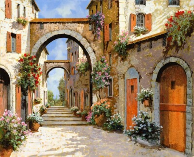 ceramic tile mural backsplash. Rustic Tuscany village scene flower pot garden
