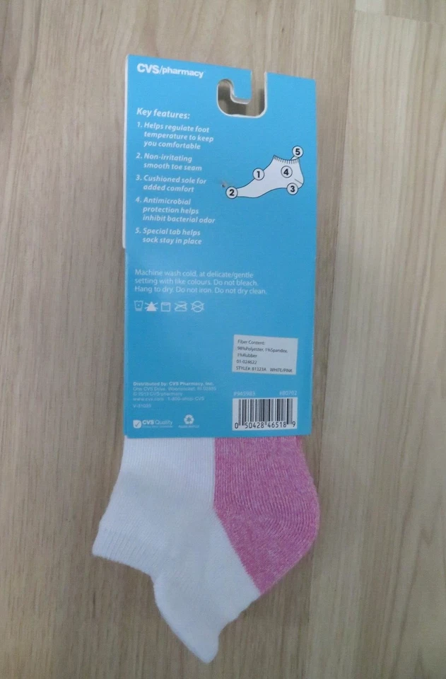 NUEVO EN PAQUETE CVS Calcetines Climatizantes Rosa Blanco Corte Bajo Cojín Antimicrobiano 6-10 Foto 2 de 4