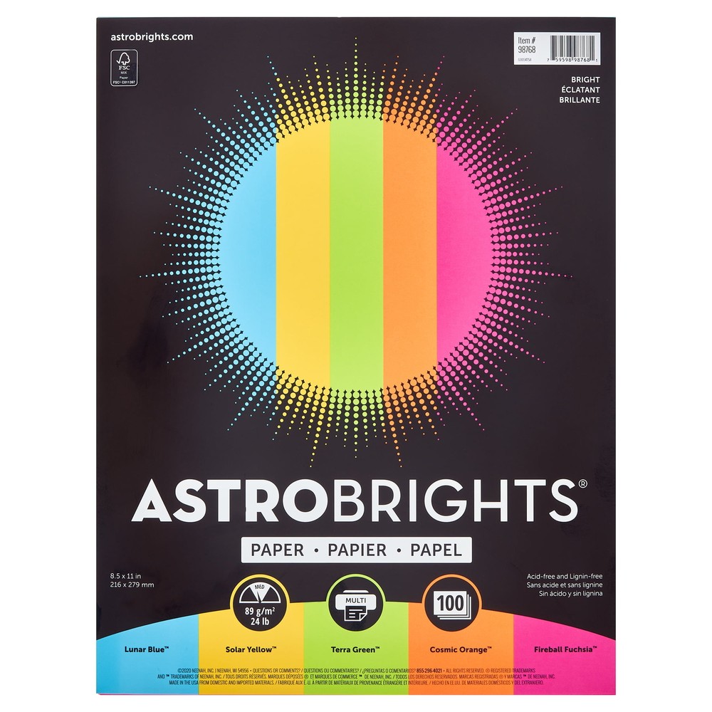 Vibrant 8.5x11 Colored Paper 24lb 5-Color Pack 100 Sheets
