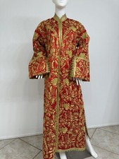 French Haute Couture Red Satin Coat Gold Metal Thread Lesage Embroidery Lace S/M