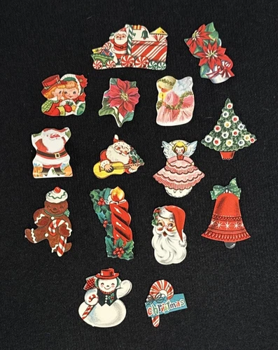 Vintage Lot Of 15 Christmas Gummed Die-Cut Stickers Seals Tags 1950's