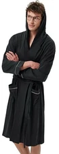 Men's Lightweight 100% Cotton Kimono Robe Knee Length Bathrobe 2XL Black Hood