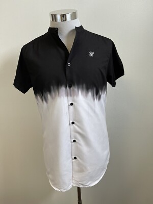 Sik Silk Shirt Mens Medium Button Up Color Block Black Contrast