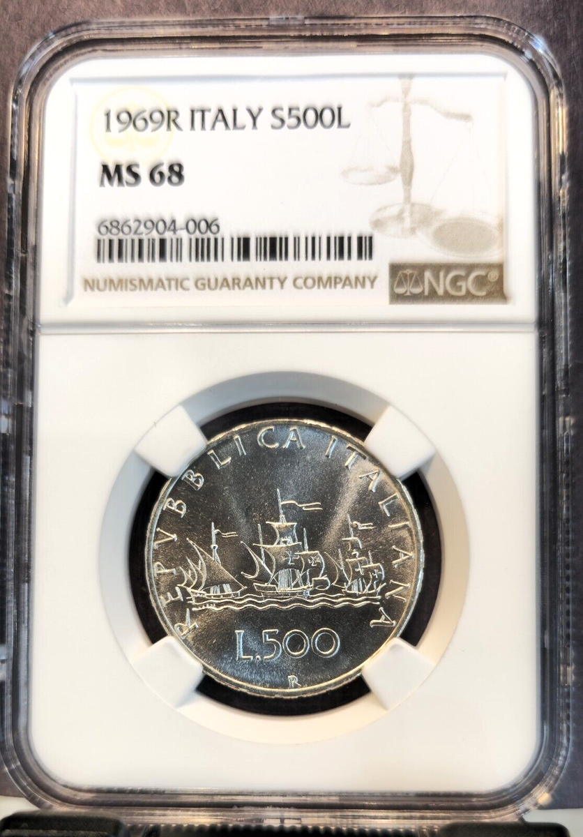 1959 イタリア 500リラ銀貨　NGC MS63 1969 ITALY SILVER 500 LIRE S500L COLUMBUS SHIPS NGC MS 68 GEM BU