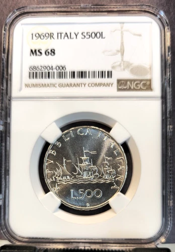 1969 ITALY SILVER 500 LIRE S500L COLUMBUS SHIPS NGC MS 68 GEM BU RARE TOP POP