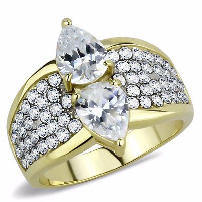 Women's Two 8x6mm Pear Cut CZs Center Gold IP Stainless Steel Wedding Ring 