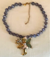 RARE KIRKS FOLLY GT Pixie Fairy w/ Flowers Brooch Pendant Purple Beaded Necklace