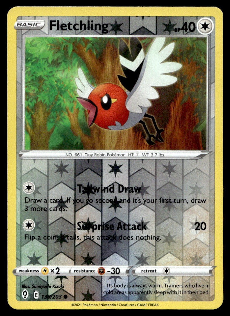 Fletchling 138/203 Pokemon Card Evolving Skies Common Rev Holo 40 HP LP GE