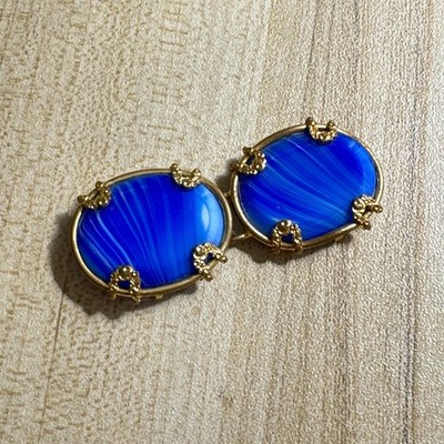 Vintage Damen Gürtelschnalle zweiteilig goldfarben auf blau