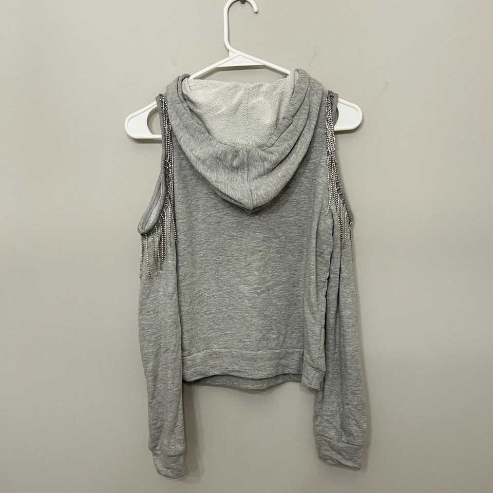 INC International Concepts Cold-Shoulder Fringe Hoodie Womens Small Grey Bling - Image 2 of 4